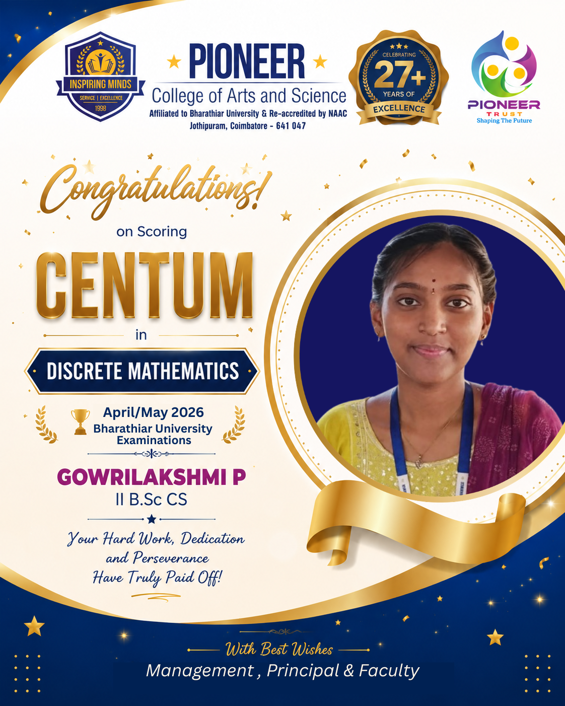 Gowrilakshmi P Excels with a Perfect Score in Discrete Mathematics