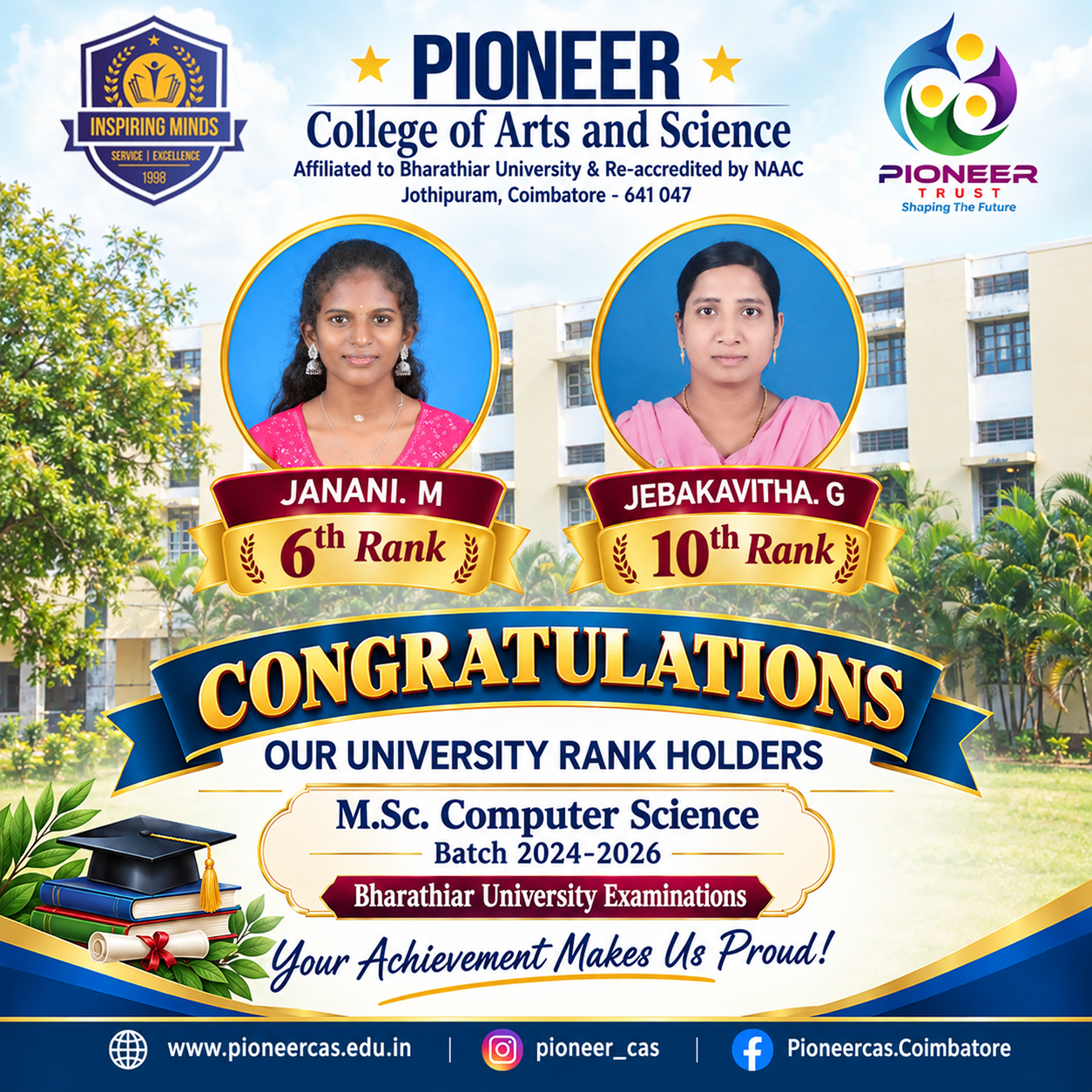 Pioneer College Students Secure Bharathiar University Ranks